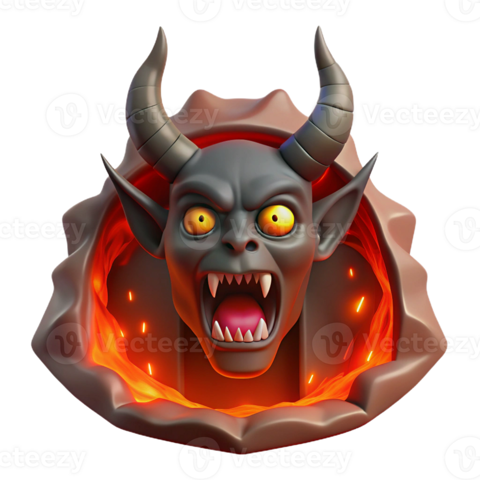 wonderful creative A terrifying, demonic entity with glowing red eyes and sharp horns emerging from a fiery portal. Illuminated by the inferno, depicted in a visceral, horror style 4K png
