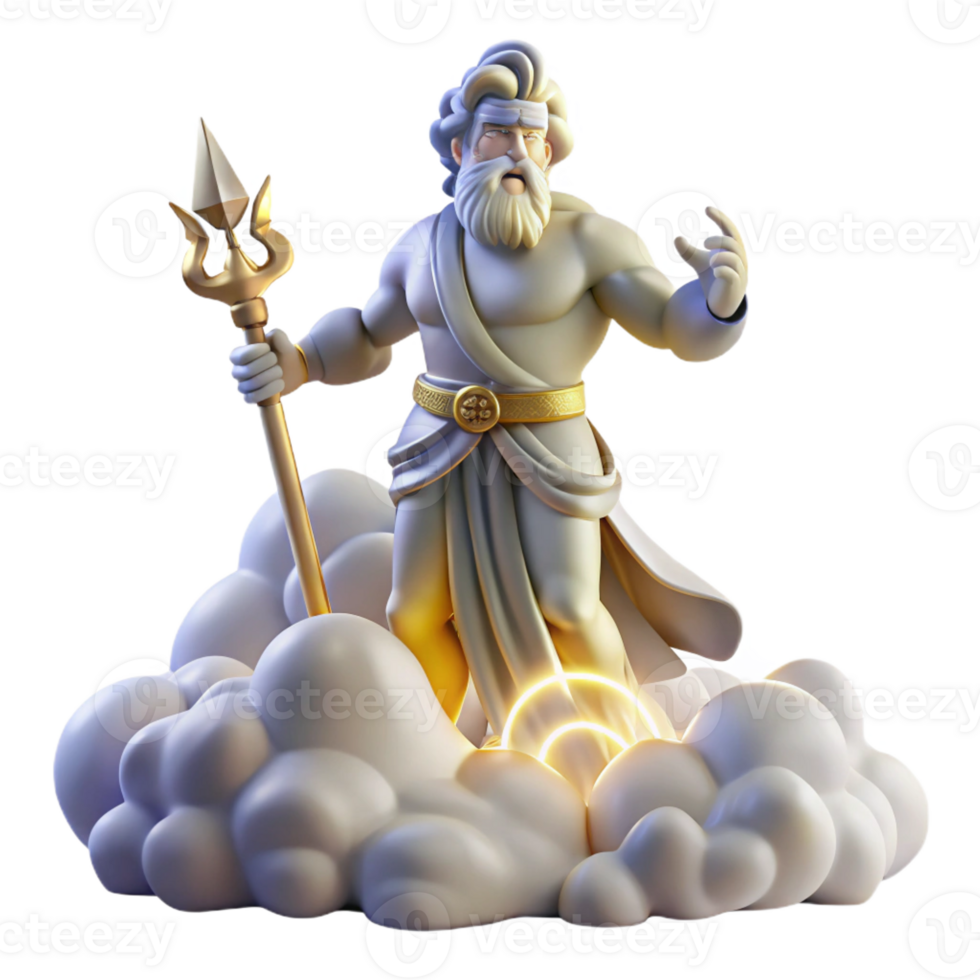 impressive classic A powerful Zeus wielding a lightning bolt, standing atop Mount Olympus surrounded by swirling clouds. Classical style. Divine, glowing lighting original png