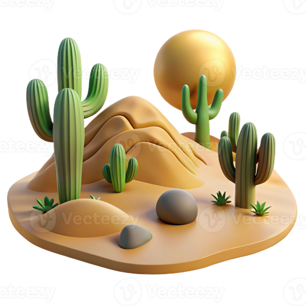 elegant rustic A desert landscape with sand dunes and cacti, harsh sunlight, realistic style premium png