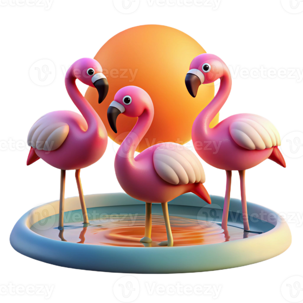 stunning creative A group of flamingos standing in shallow water, sunset lighting, vibrant photography style genuine png