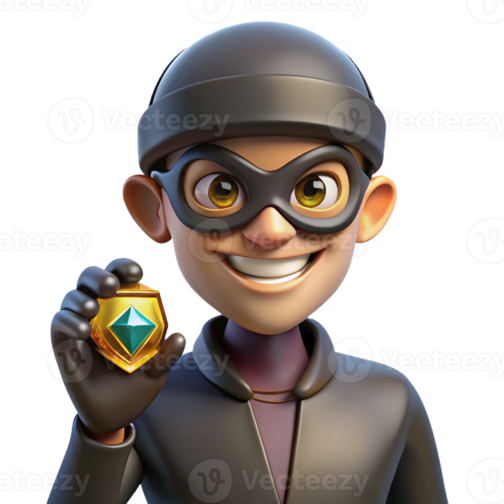 beautiful contemporary A cunning anime thief with a sly grin and a mask, holding a stolen jewel, dramatic lighting with chiaroscuro, in the style of a heist anime detailed png