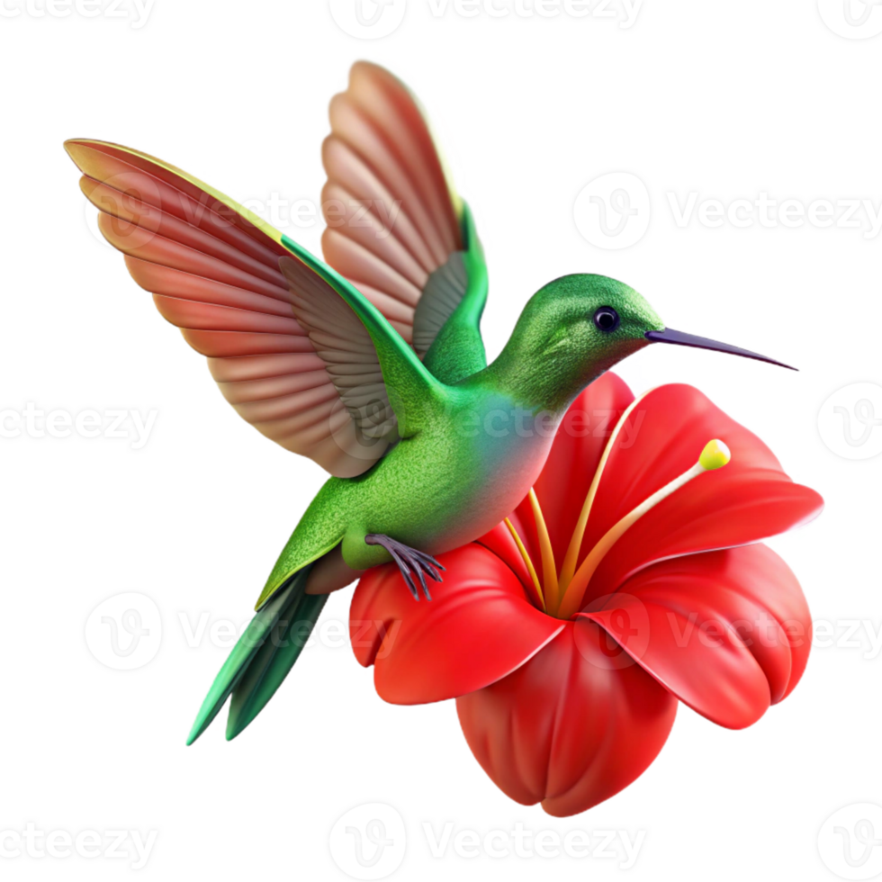 impressive artistic A vibrant hummingbird hovering over a bright red hibiscus flower, wings a blur of motion, captured in macro detail. Photorealistic style high quality png