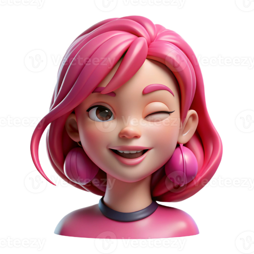 vibrant abstract Portrait of a young woman with vibrant pink hair and a playful wink, lit by bubblegum pink neon lights, in a kawaii style high resolution png