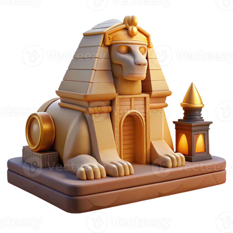 impressive contemporary A mysterious sphinx guarding an ancient temple, its gaze fixed on the horizon. Egyptian-inspired style, warm lighting high quality png