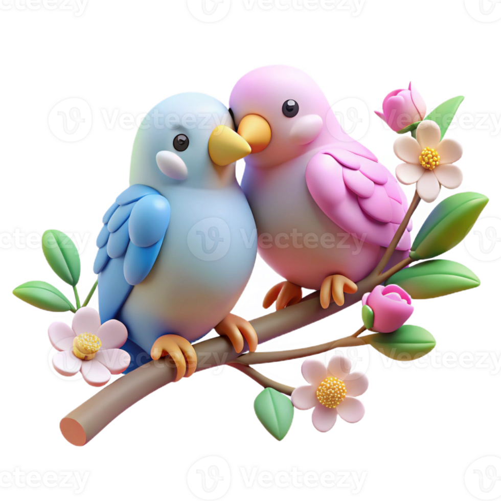 wonderful minimalist A pair of lovebirds perched on a flowering branch, nuzzling each other affectionately, rendered in a soft, romantic style 4K png