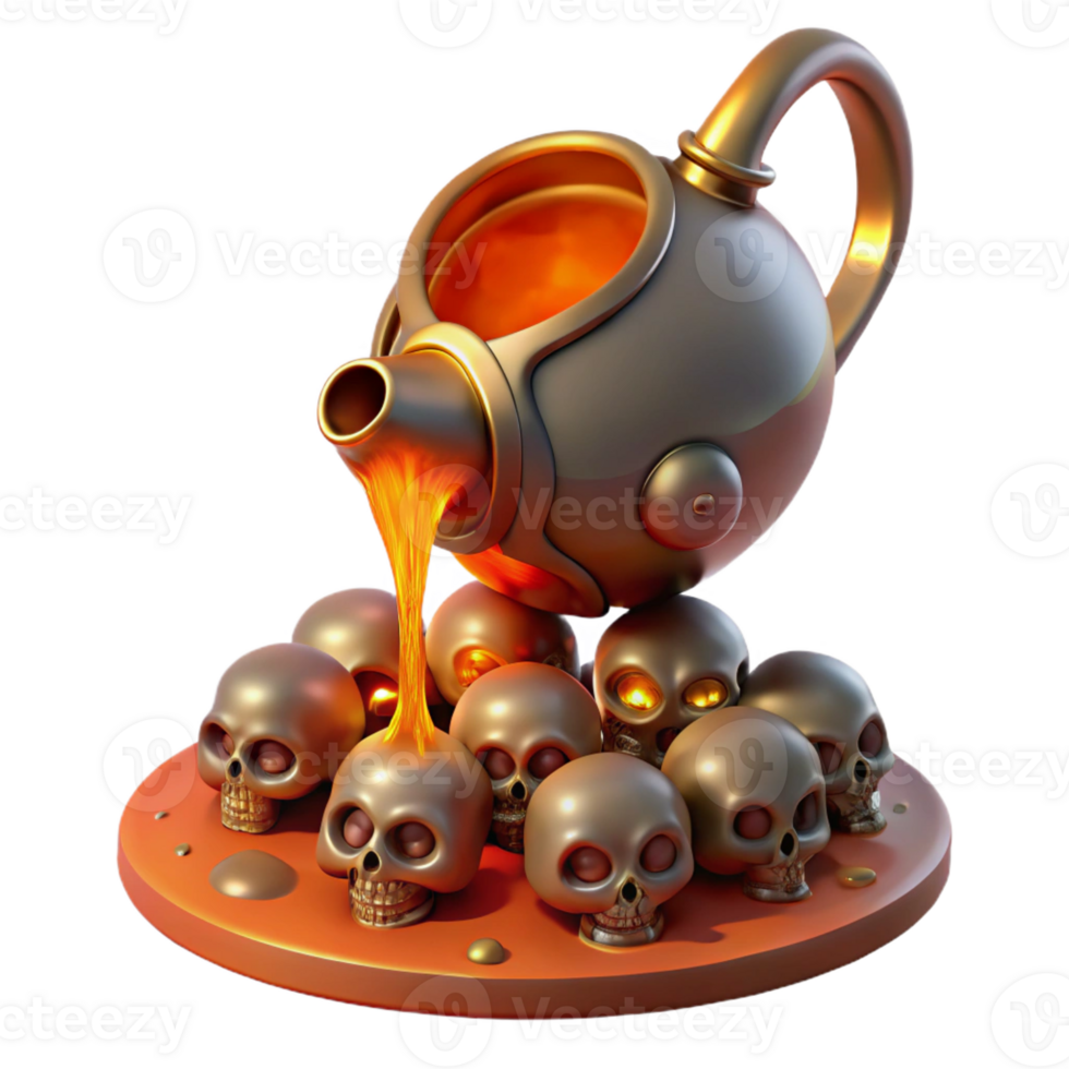 vibrant vintage A giant teapot pouring a stream of molten gold onto a pile of human skulls, illuminated by a fiery, red glow. Dark fantasy style professional png