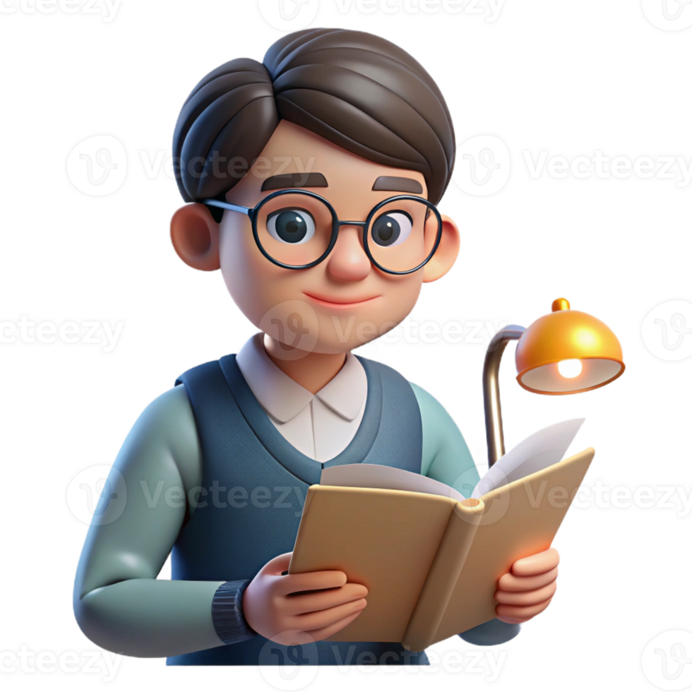 impressive artistic Portrait of a student with a focused expression, wearing glasses and reading a book, lit by a desk lamp, in a realistic style professional png