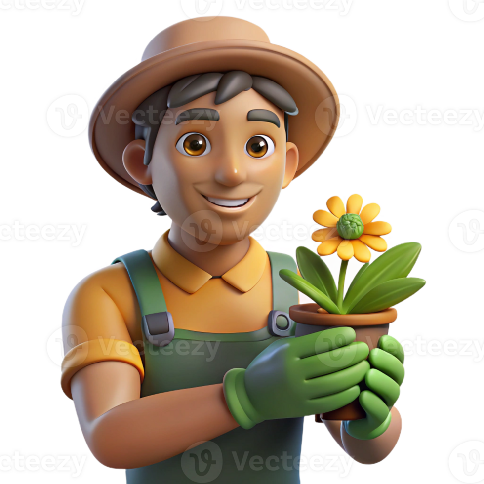 stunning modern Portrait of a gardener with dirt-stained hands, holding a freshly picked flower, lit by natural sunlight filtering through leaves, in a botanical illustration style authentic png