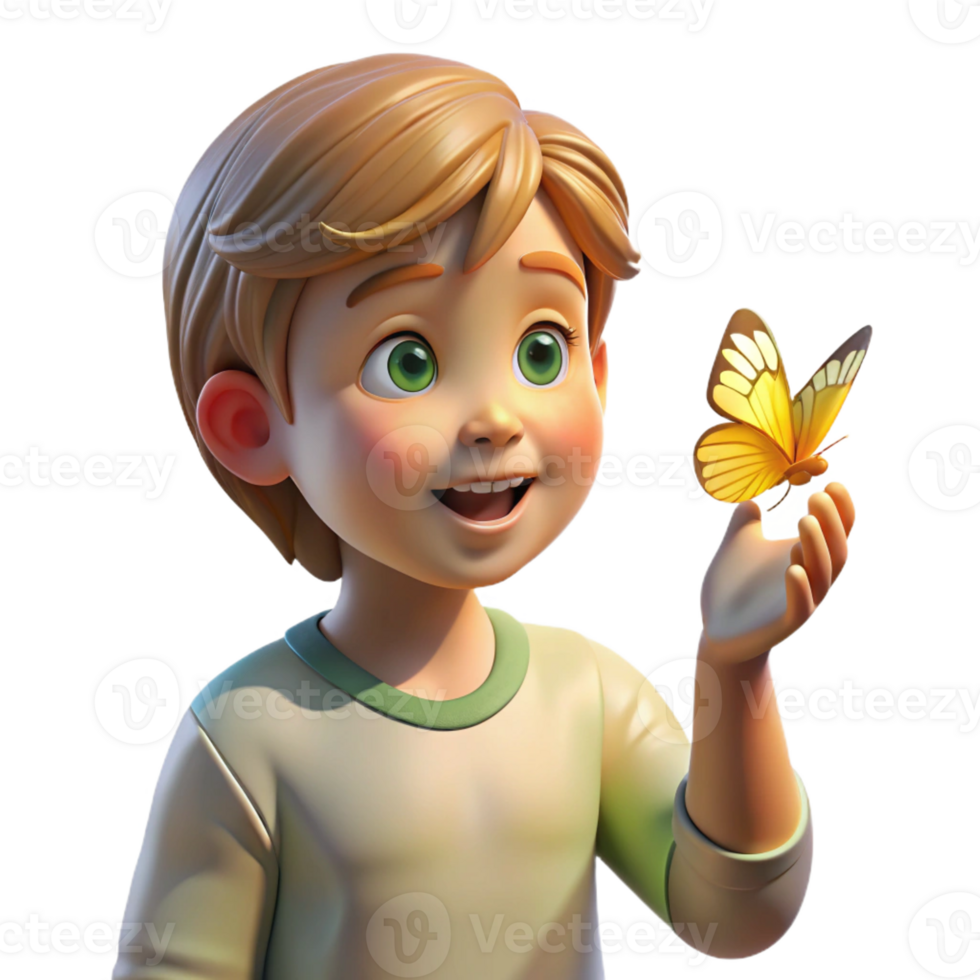vibrant artistic Portrait of a child with a curious expression, examining a butterfly, lit by natural sunlight, in a naturalistic style exclusive png