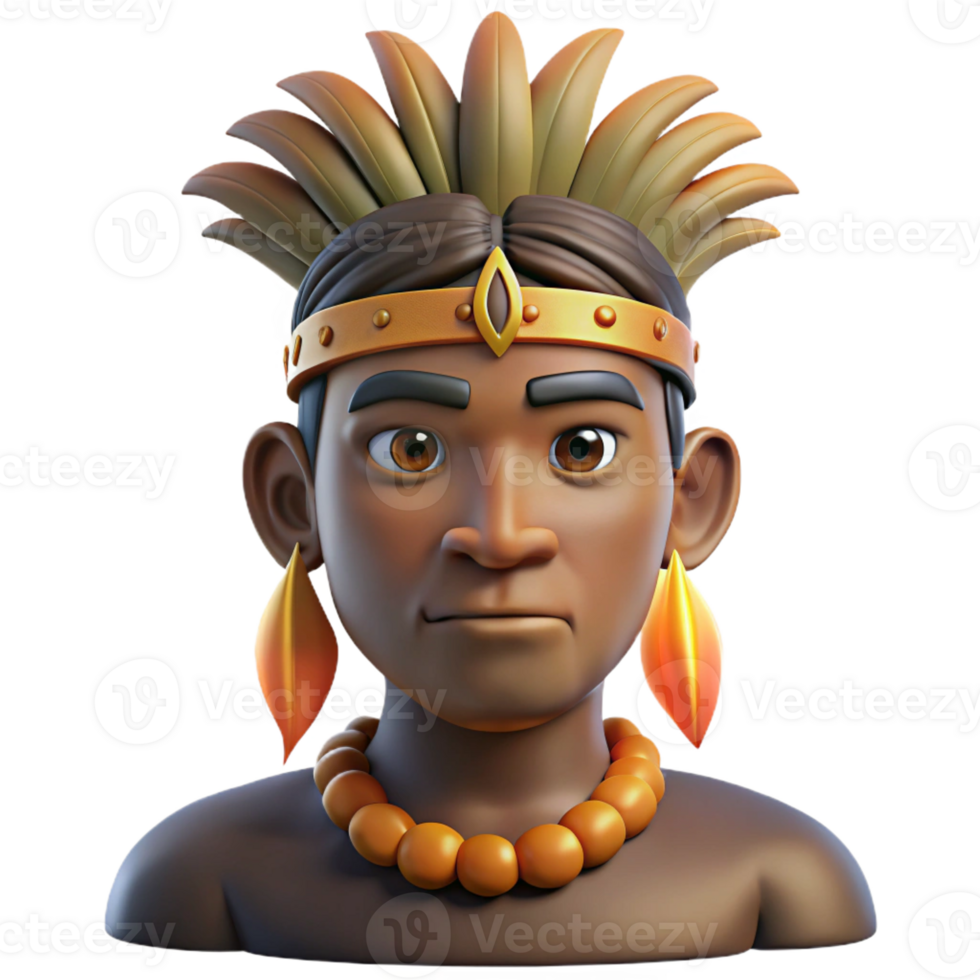 impressive traditional Portrait of a man with tribal markings and traditional headdress, lit by a bonfire, in an indigenous art style premium png