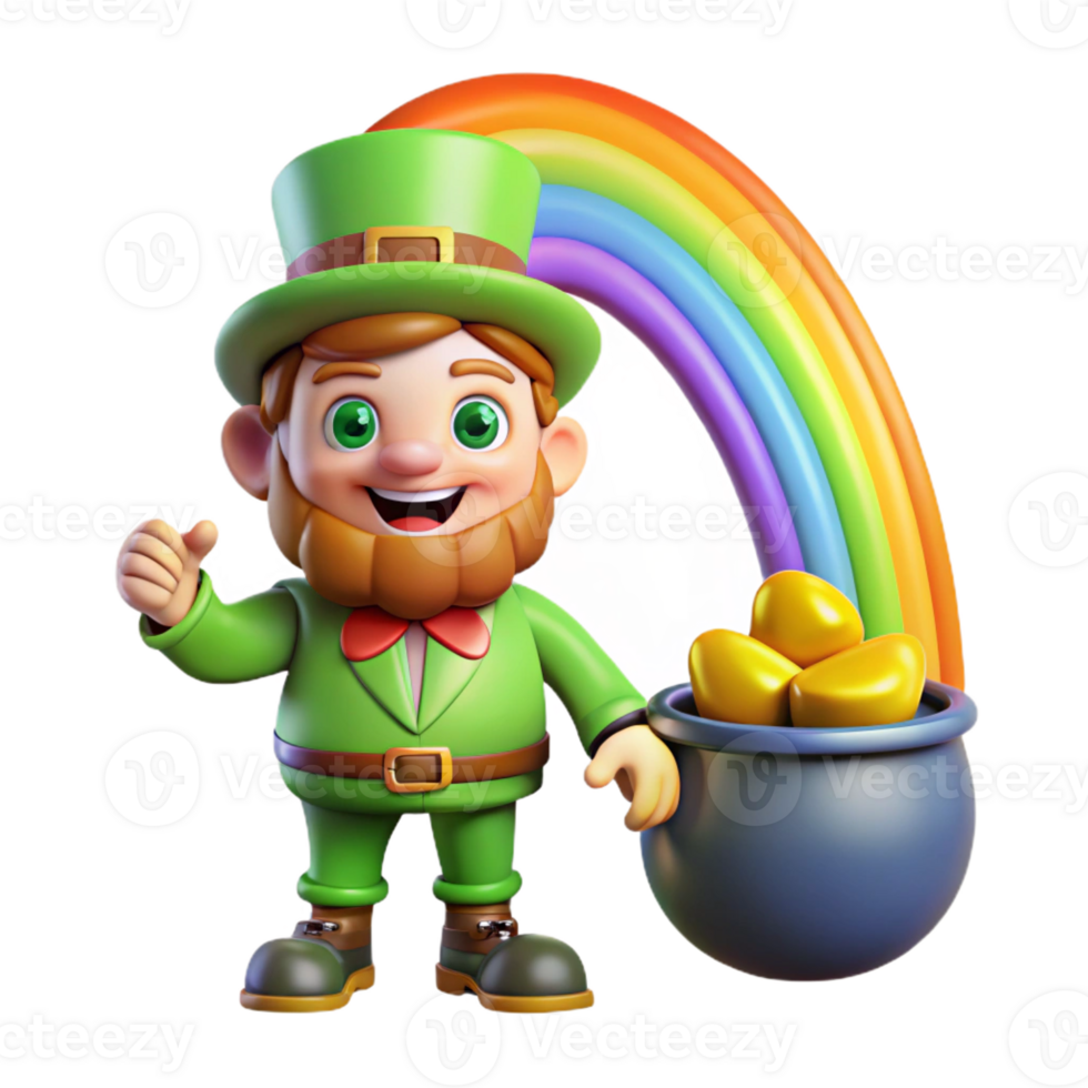 stunning creative A mischievous leprechaun guarding a pot of gold at the end of a rainbow, illuminated by the rainbow's light, in a whimsical illustration style genuine png