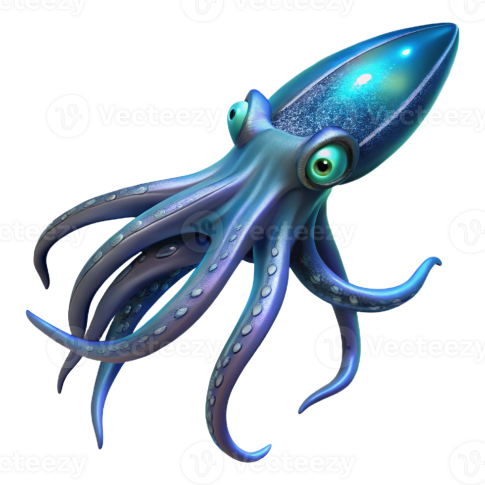 dramatic classic A giant squid swimming in the deep ocean, bioluminescent lighting, otherworldly digital art style 4K png