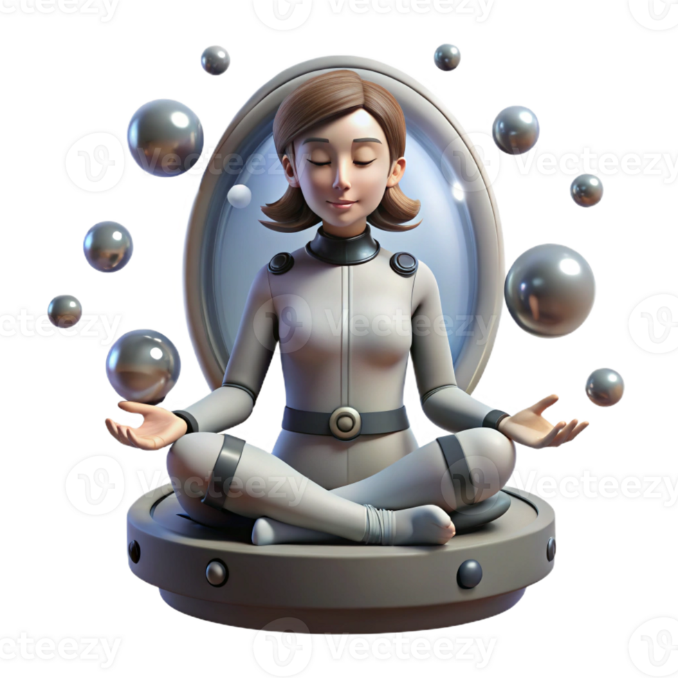 elegant classic A young woman with cybernetic implants meditating in a zero-gravity chamber, surrounded by floating orbs of light. Surrealist style premium png