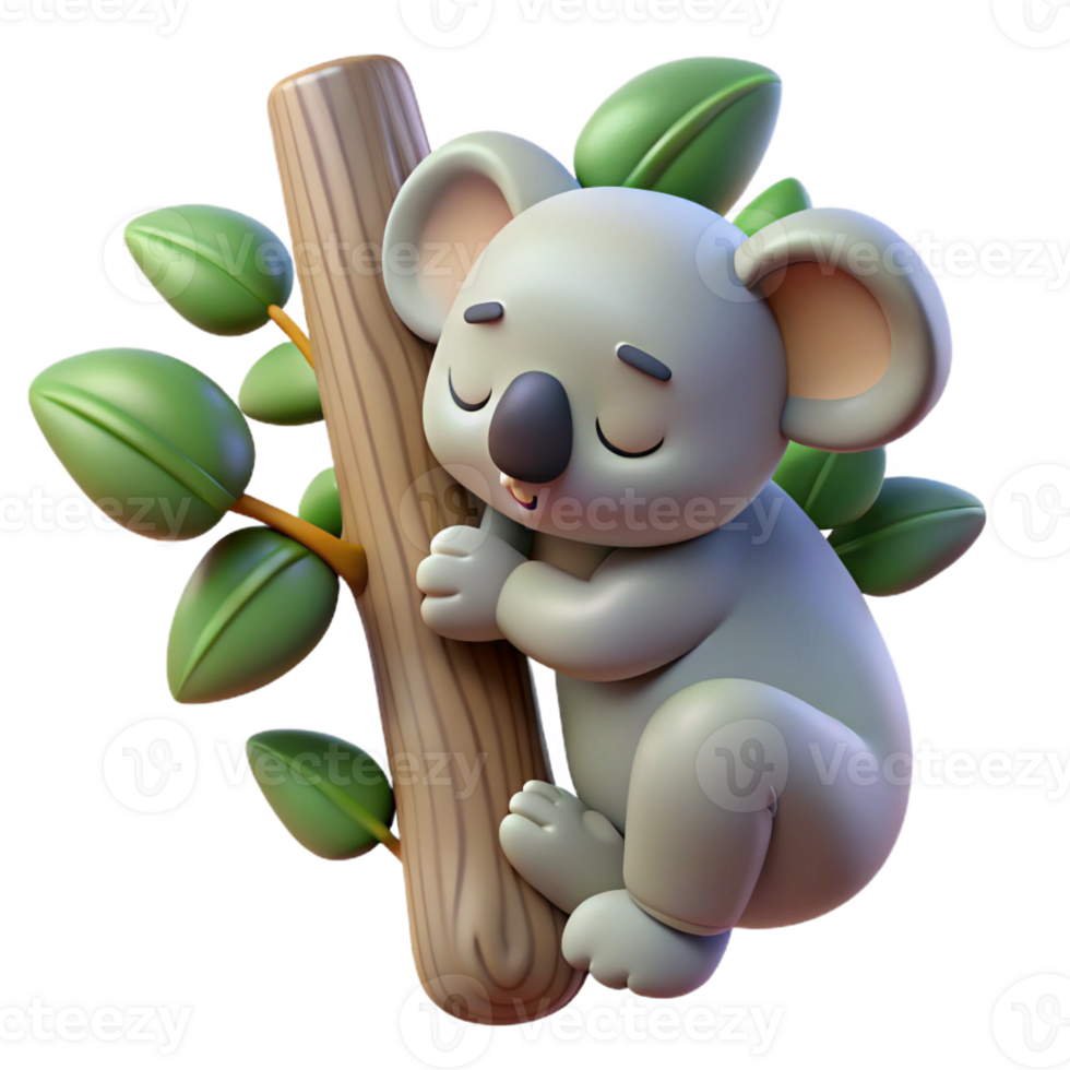 wonderful traditional A sleepy koala clinging to a eucalyptus tree, soft diffuse lighting, cute and cuddly style premium png