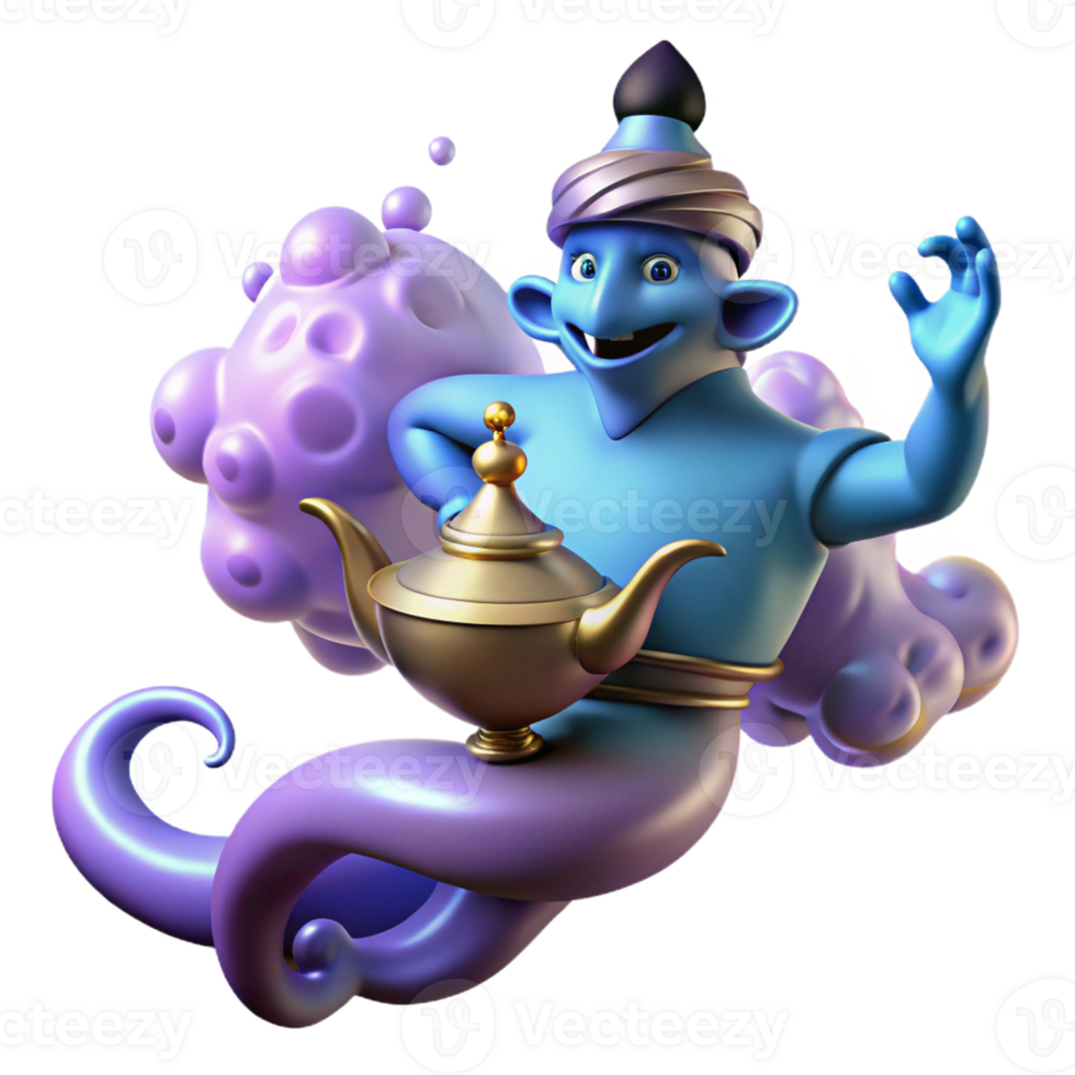 dramatic contemporary A powerful djinn emerging from a magic lamp, surrounded by swirling smoke, illuminated by an otherworldly glow, in an Arabian Nights style high resolution png