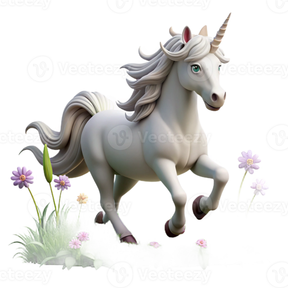 elegant contemporary A majestic unicorn with a silver horn and flowing mane, galloping through a field of wildflowers. Fantasy realism style, soft lighting original png