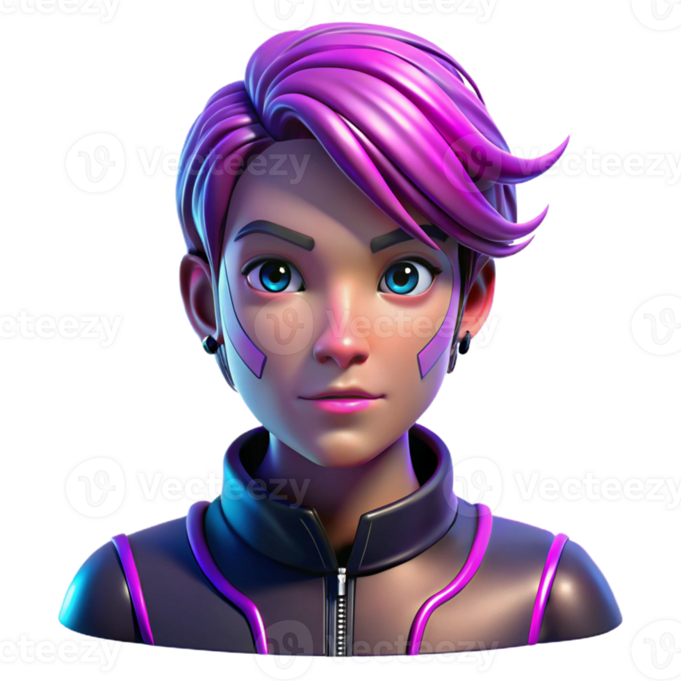 magnificent vintage Portrait of a non-binary person with short, purple hair and striking facial tattoos, lit by neon pink and blue lights, in a cyberpunk style professional png