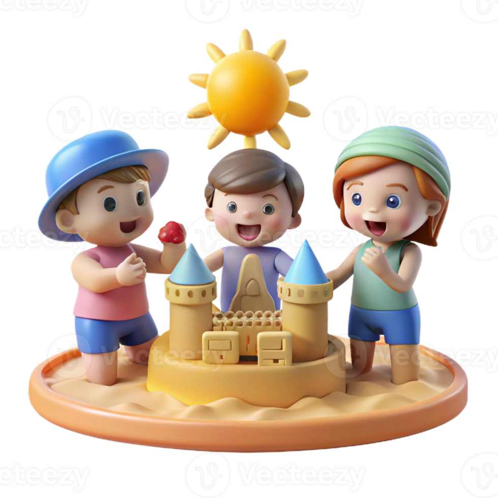 impressive vintage A playful group of cartoon children building a sandcastle on a sunny beach, bright midday sun illuminating the scene, drawn in a simple and cheerful cartoon style high resolution png