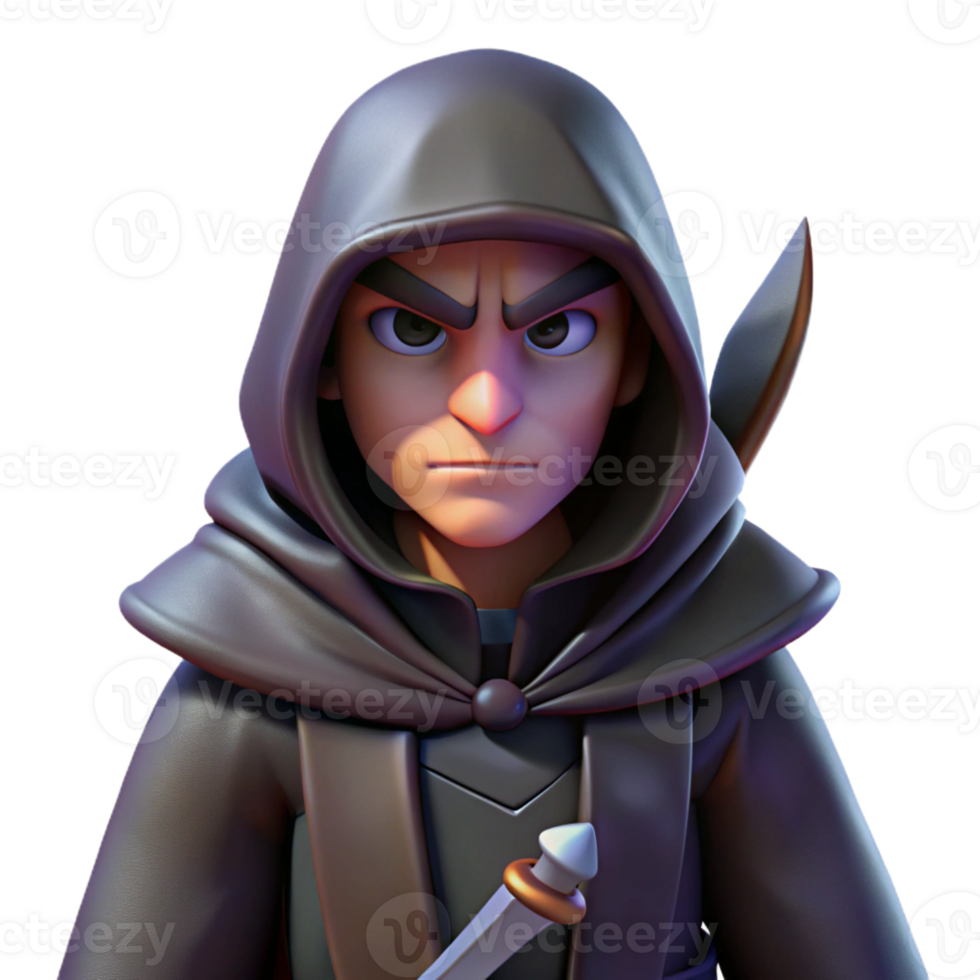 magnificent contemporary A cunning rogue with a hooded cloak and a pair of daggers, lurking in the shadows. Low-key, dramatic lighting. Noir style professional png