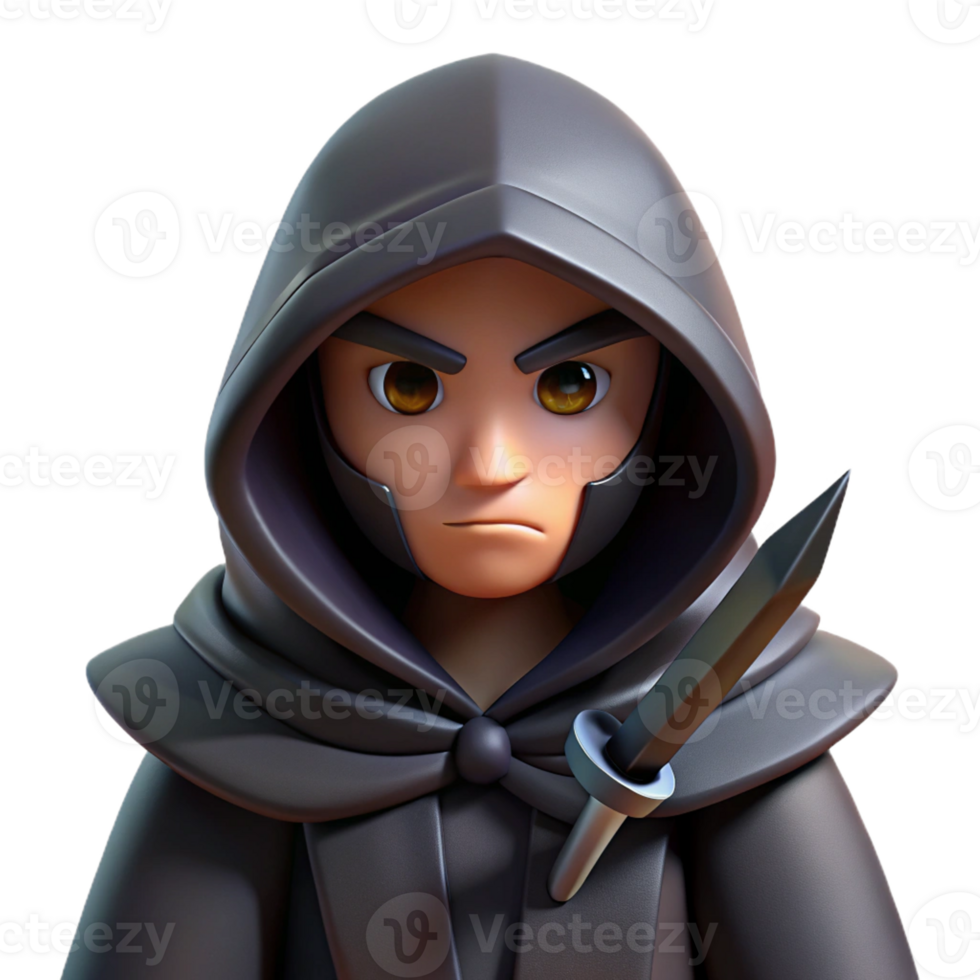 stunning classic A cunning rogue with a hooded cloak and a pair of daggers, lurking in the shadows. Low-key, dramatic lighting. Noir style premium png