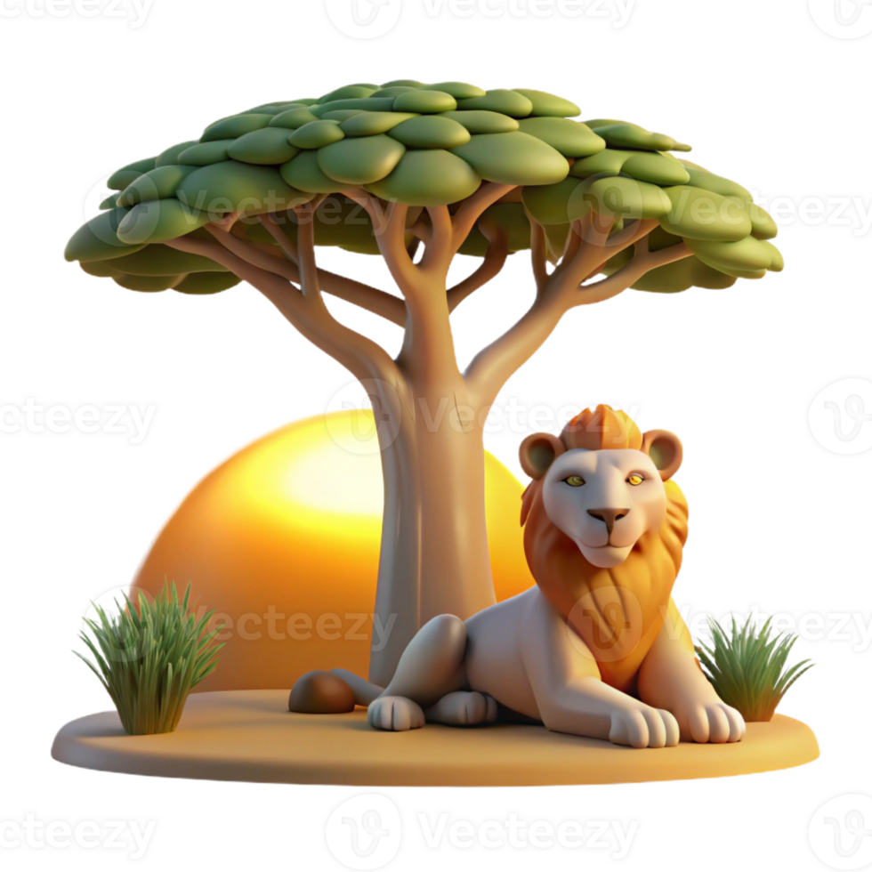 serene abstract A regal lion pride resting under the shade of a baobab tree, golden hour lighting, National Geographic style 4K png
