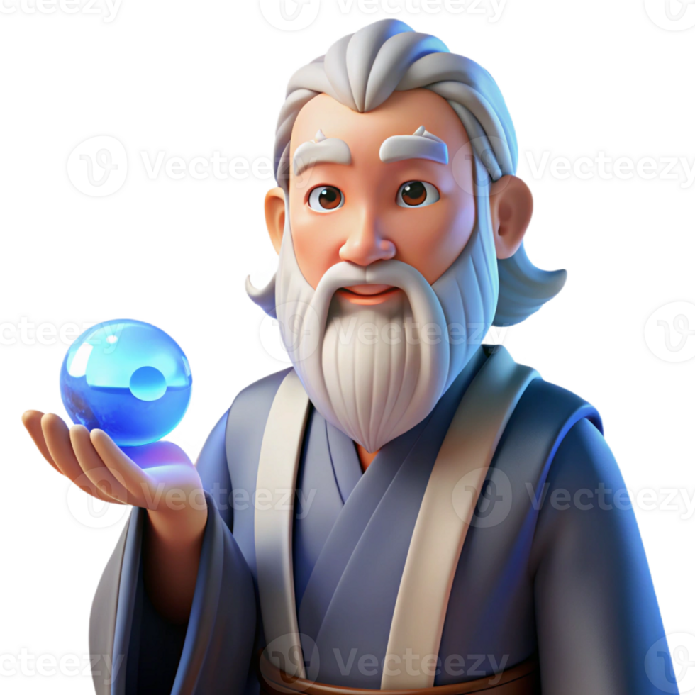 elegant modern An elderly, wise anime man with flowing white beard and gentle blue eyes, holding a glowing orb of energy, soft, ethereal lighting, in the style of a Ghibli film high quality png