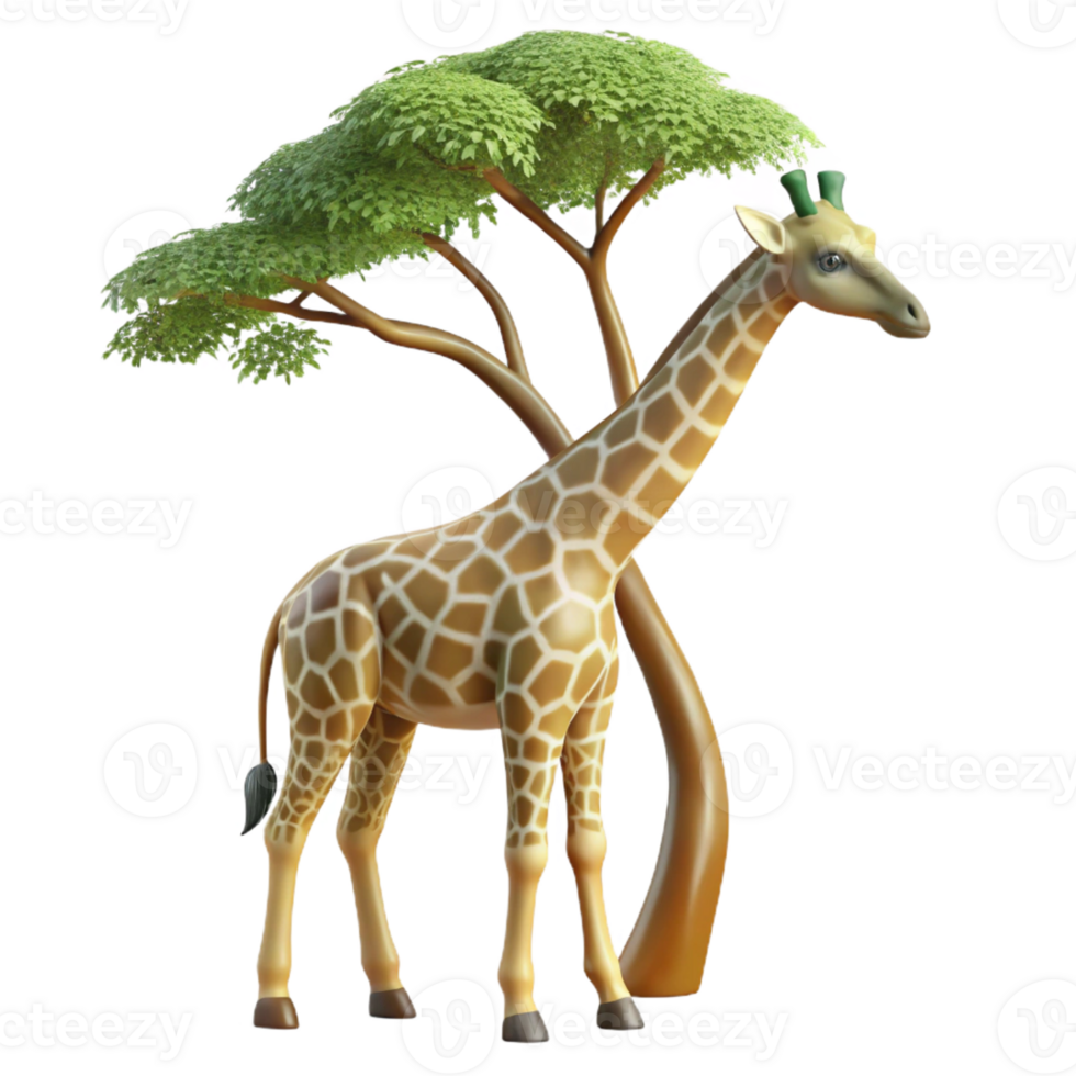magnificent abstract A graceful giraffe reaching for leaves on a tall tree, its long neck extending upwards, rendered in an elegant, naturalistic style original png
