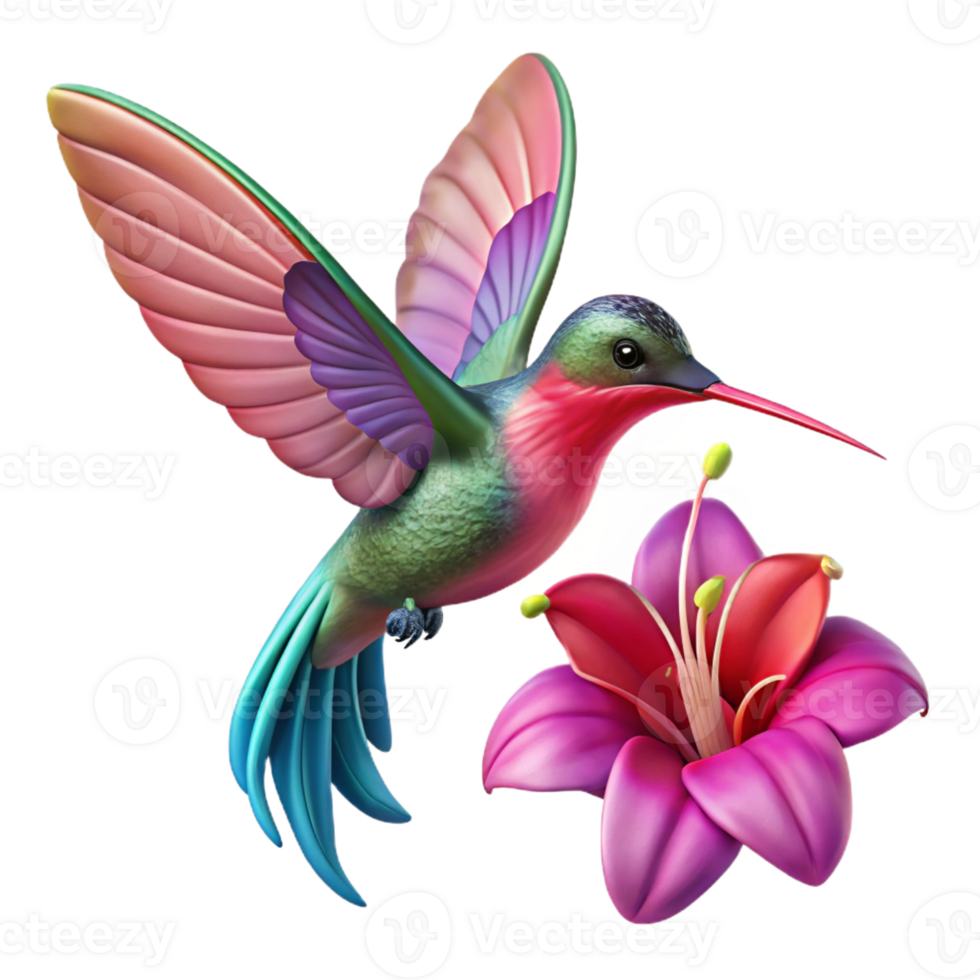serene modern A hummingbird hovering near a vibrant fuchsia flower, wings blurred in motion, soft focus, Impressionist style authentic png