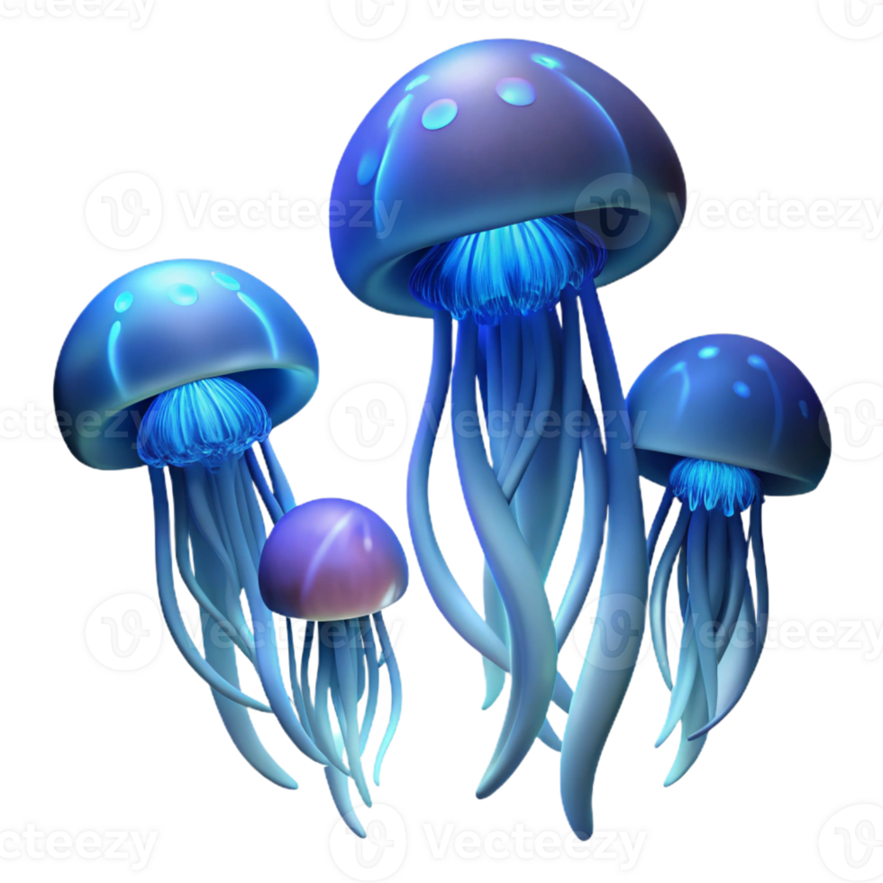 vibrant contemporary A school of bioluminescent jellyfish drifting in the deep ocean, dark blue lighting, ethereal digital art style genuine png