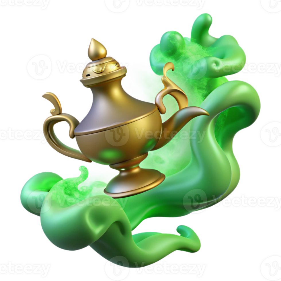 impressive modern A powerful djinn emerges from a magic lamp, surrounded by swirling smoke. Eerie, green glow. Arabian Nights style exclusive png