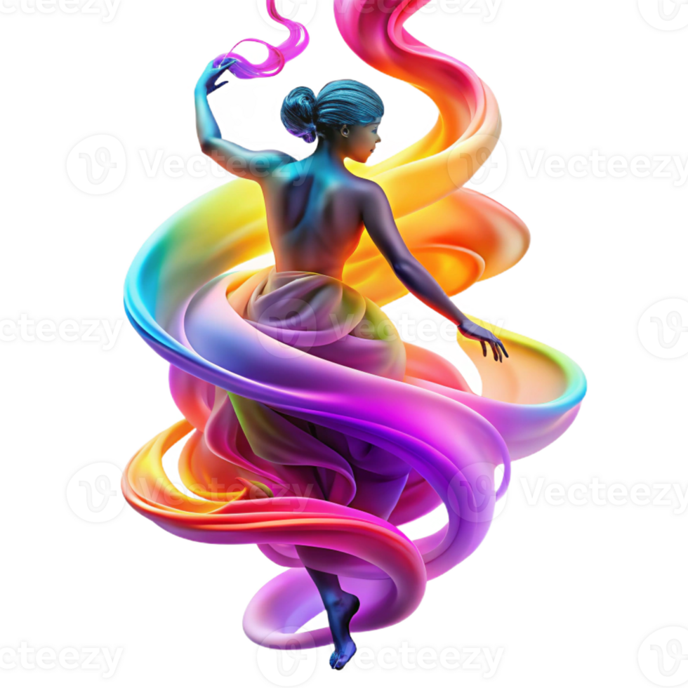impressive minimalist A swirling vortex of colorful smoke forming the silhouette of a dancing woman, illuminated by neon lights, in a vibrant, abstract art style 4K png