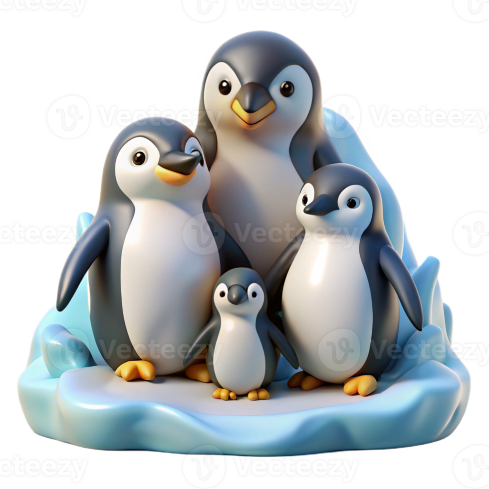 wonderful vintage A family of penguins huddled together on the ice, illuminated by soft daylight, in a charming, realistic style original png
