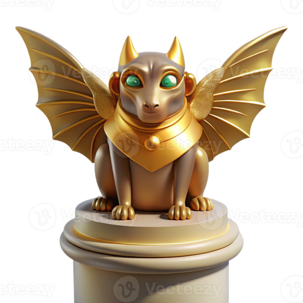 serene contemporary A mysterious sphinx with golden wings and enigmatic eyes, perched on a crumbling pedestal. Soft, mysterious lighting. Surrealist style detailed png