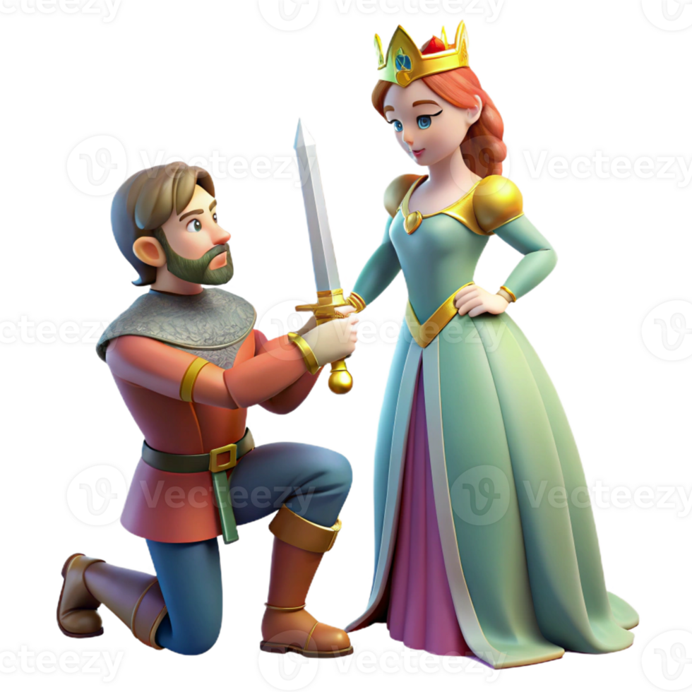 magnificent traditional A brave knight kneeling before a beautiful princess, offering her a magical sword. Soft, romantic lighting. Medieval art style detailed png