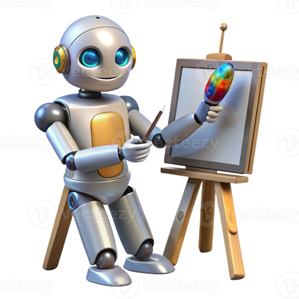 dramatic minimalist A robotic artist creating a painting using intricate brushstrokes, illuminated by soft, natural light. Photorealistic style premium png