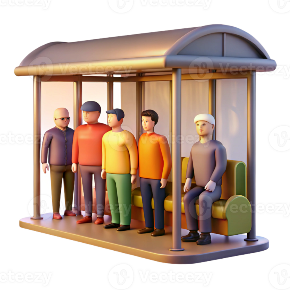 dramatic modern A hyperrealistic portrait of a diverse group of urban commuters waiting at a bus stop at dawn, soft golden light, photorealistic style 4K png
