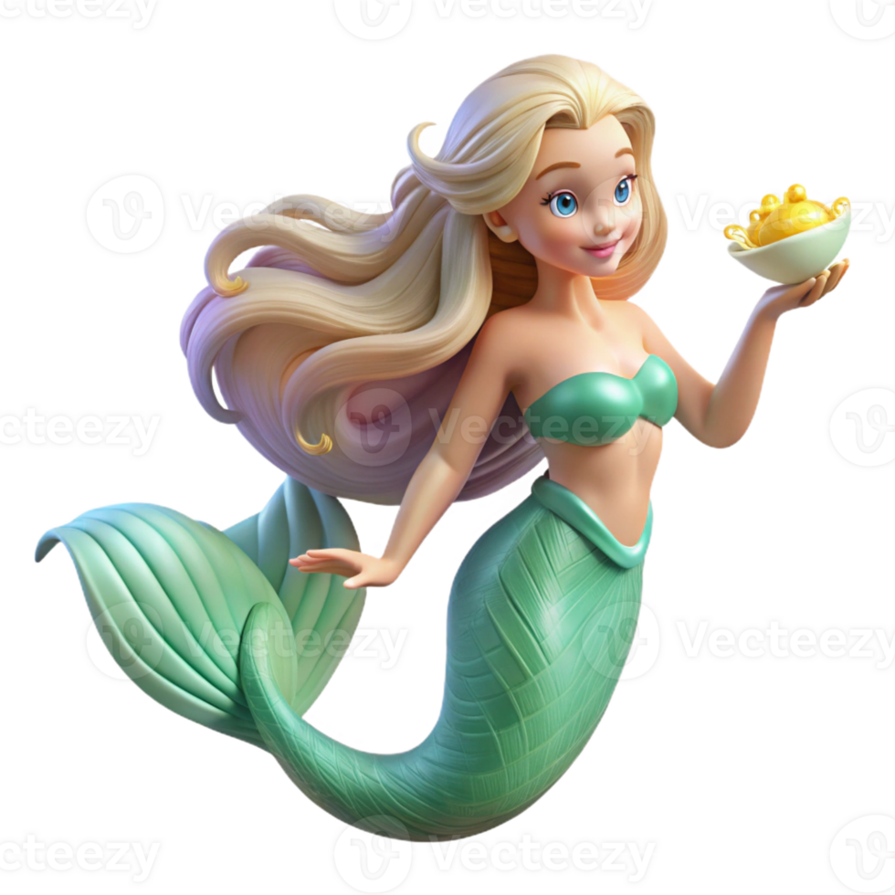 wonderful vintage A graceful mermaid combing her long, flowing hair with a seashell, illuminated by underwater sunlight, in a romantic fantasy style high quality png