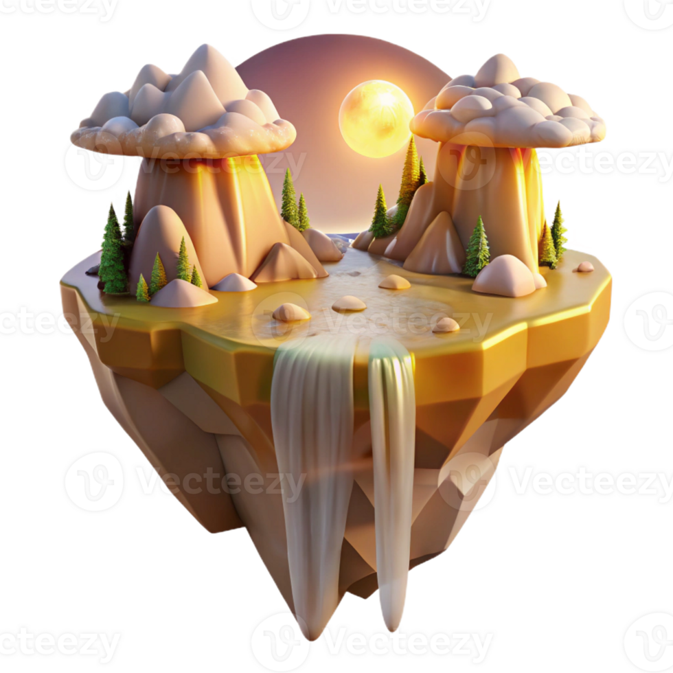 magnificent vintage A mystical floating island with waterfalls cascading down its sides, bathed in golden sunlight, serene and magical style detailed png