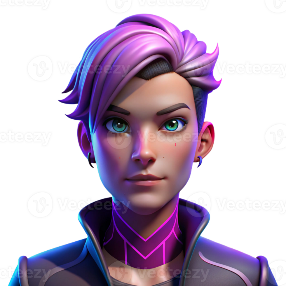 elegant contemporary Portrait of a non-binary person with short, purple hair and striking facial tattoos, lit by neon pink and blue lights, in a cyberpunk style exclusive png