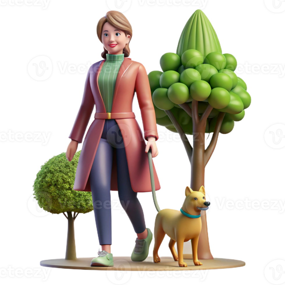 elegant creative A woman wearing fashionable clothes walking her dog down a tree-lined street, street style photography, natural light authentic png