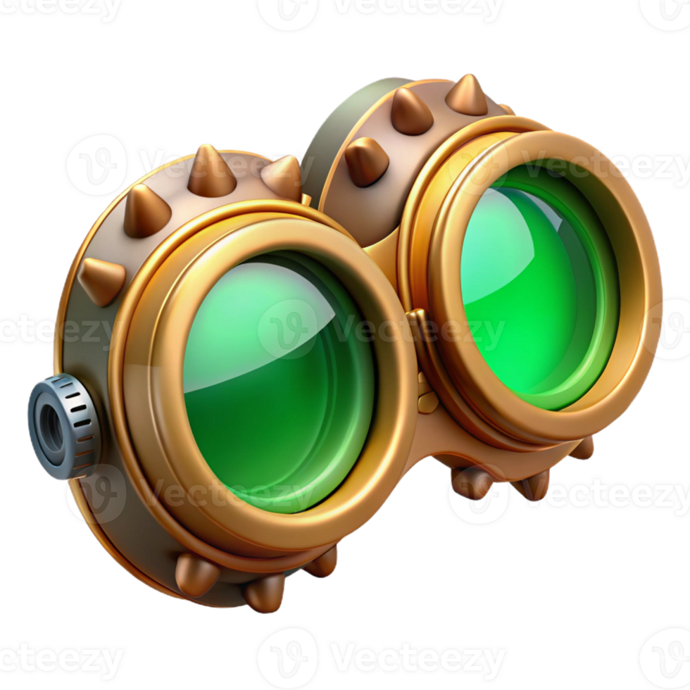 elegant traditional Steampunk goggles, intricate gears and lenses, tinted green, reflecting a desert landscape, bright sunlight, highly detailed, photorealistic premium png