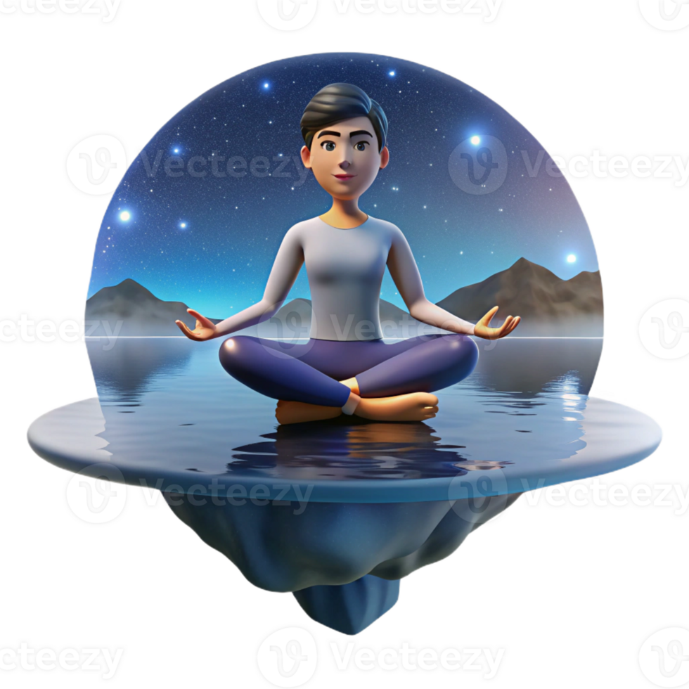serene modern A meditating yogi levitating above a serene lake reflecting a starry night sky, in a realistic, spiritual art style premium png