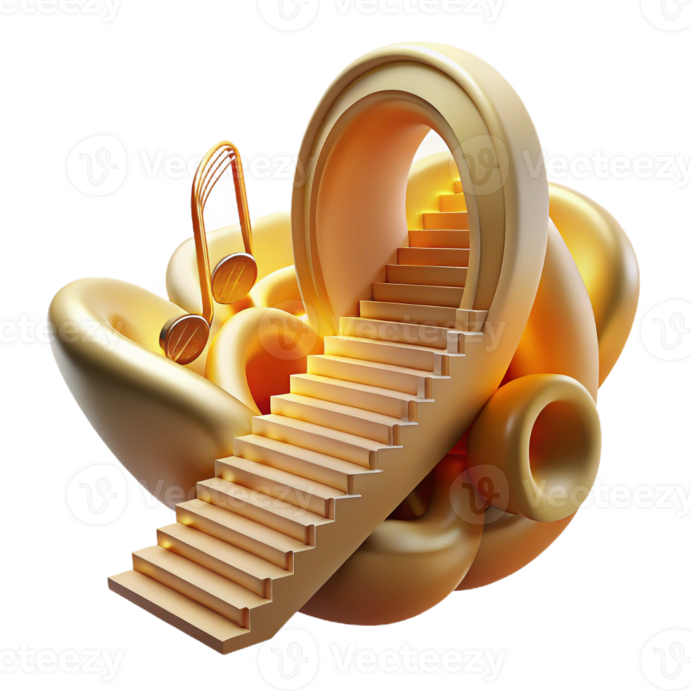 serene abstract A floating staircase leading to a giant, disembodied ear surrounded by swirling musical notes, bathed in warm, golden light. Magic realism style authentic png