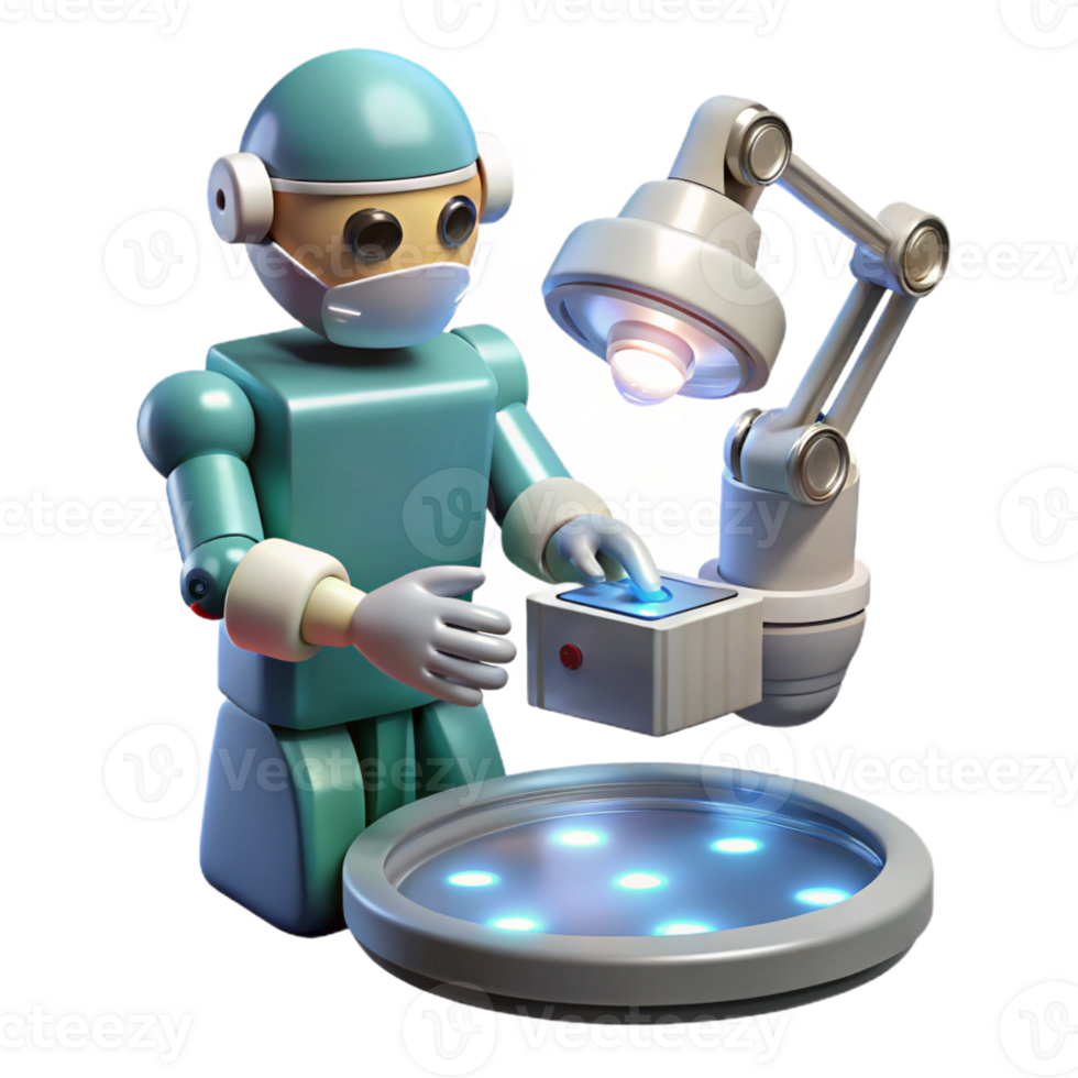 elegant classic A robotic surgeon performing a delicate operation using microscopic nanobots, illuminated by focused beams of light. Photorealistic style genuine png