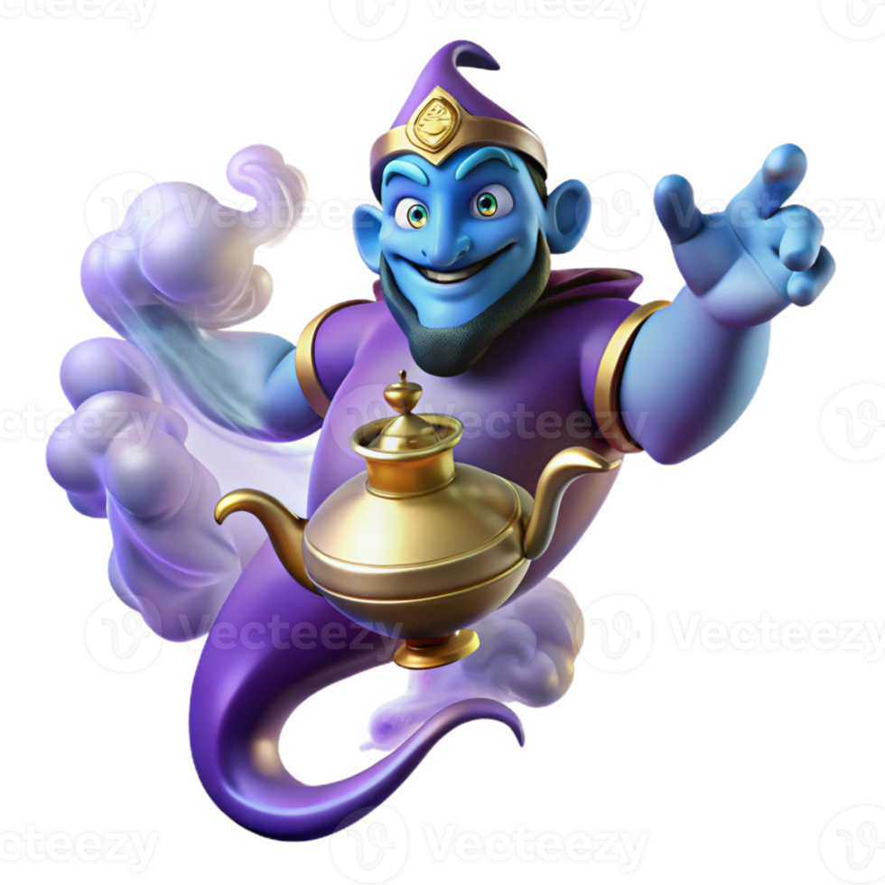 elegant traditional A powerful djinn emerging from a magic lamp, surrounded by swirling smoke. Mysterious, glowing lighting. Arabian Nights style premium png
