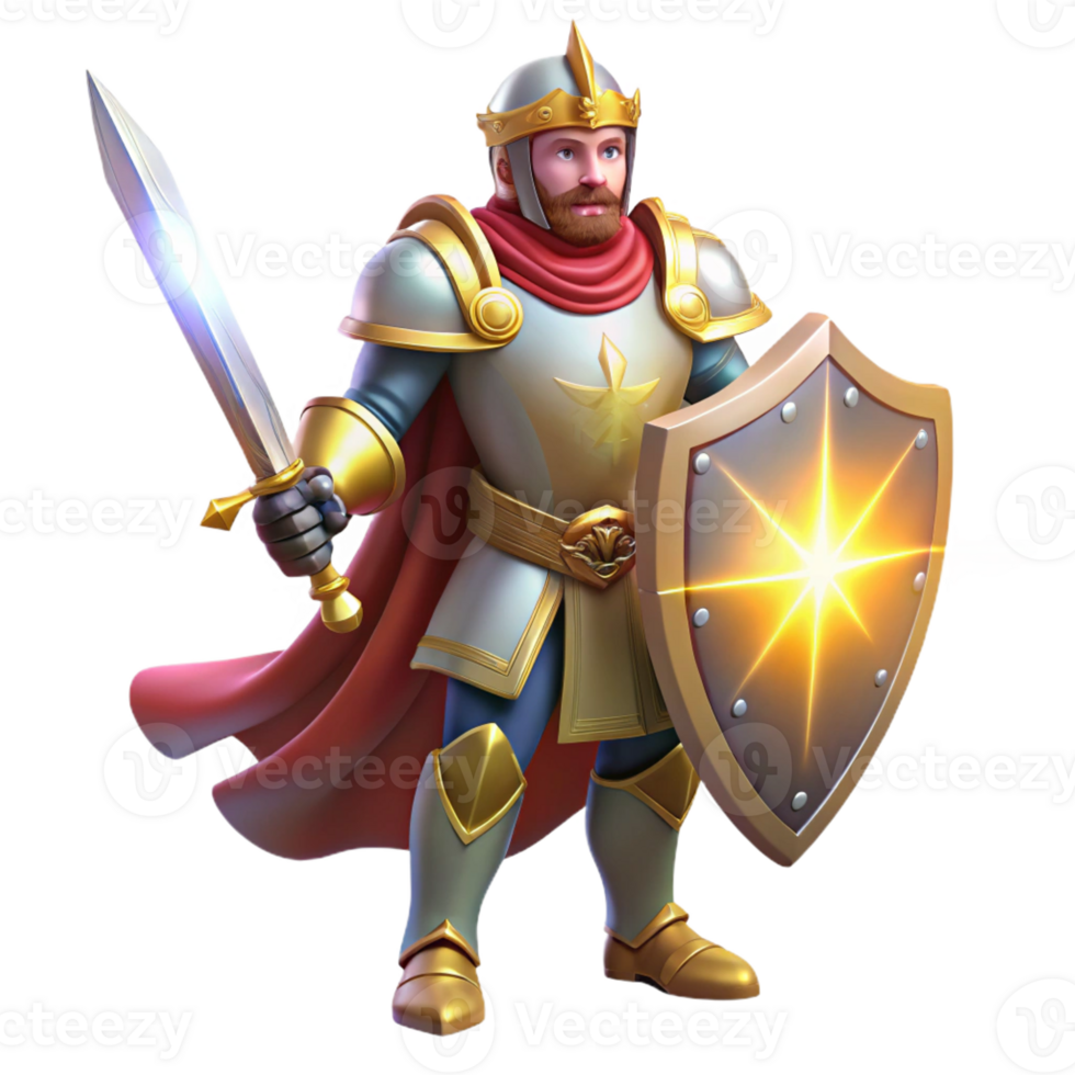 extraordinary rustic A noble knight in shining armor, wielding a sword and shield, standing in a heroic pose, illuminated by a divine light. Classical style genuine png