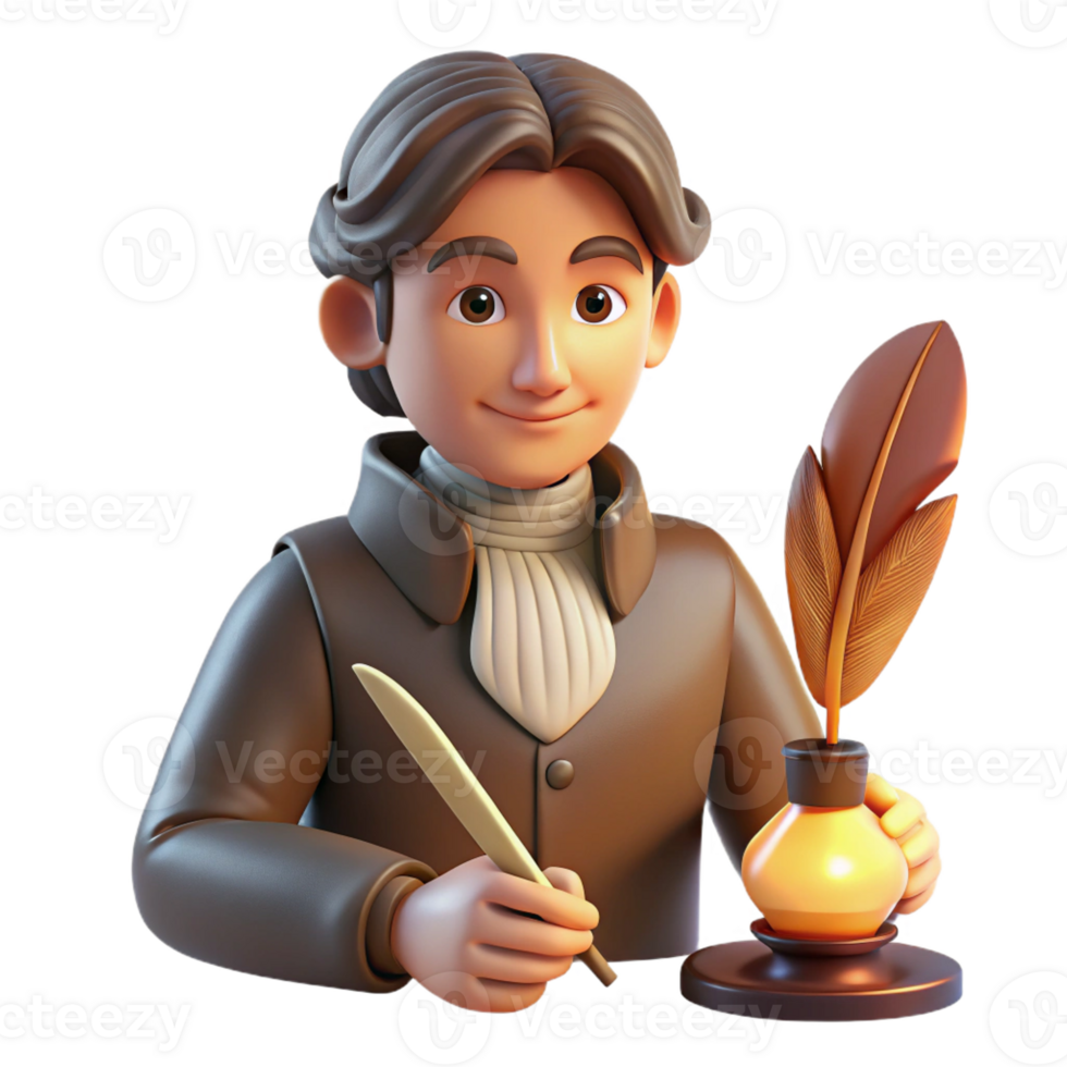 vibrant modern Portrait of a writer with a pensive expression, holding a quill pen, lit by the warm glow of a desk lamp, in a vintage, romantic style genuine png
