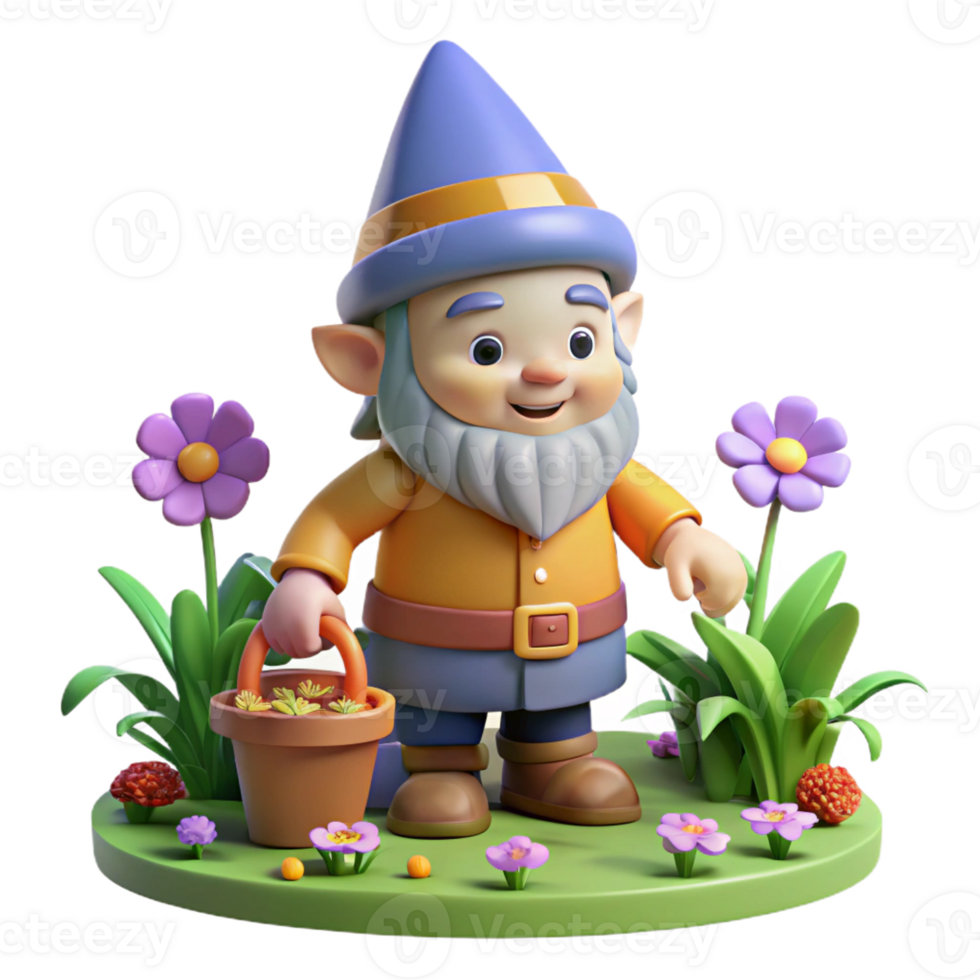 vibrant modern A whimsical gnome with a pointy hat and a cheerful smile, tending a magical garden filled with glowing flowers. Children's book illustration style genuine png