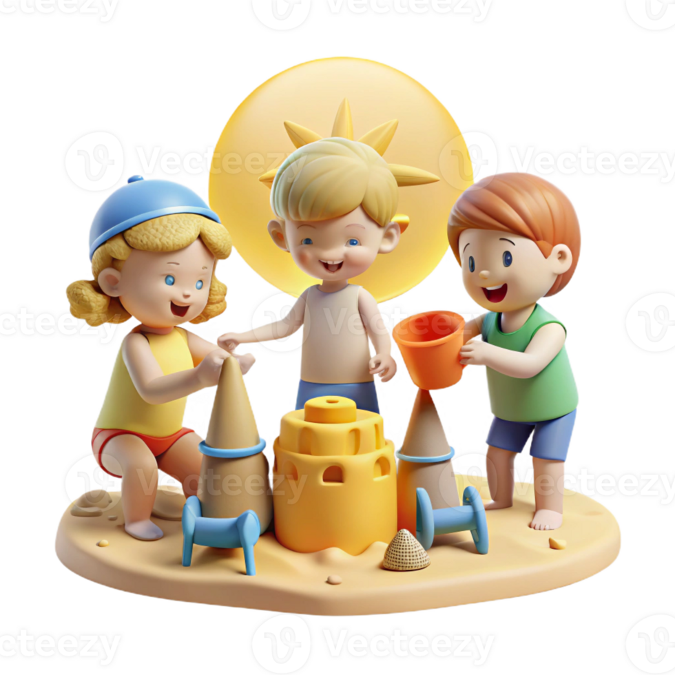 extraordinary classic A playful group of cartoon children building a sandcastle on a sunny beach, bright midday sun illuminating the scene, drawn in a simple and cheerful cartoon style authentic png