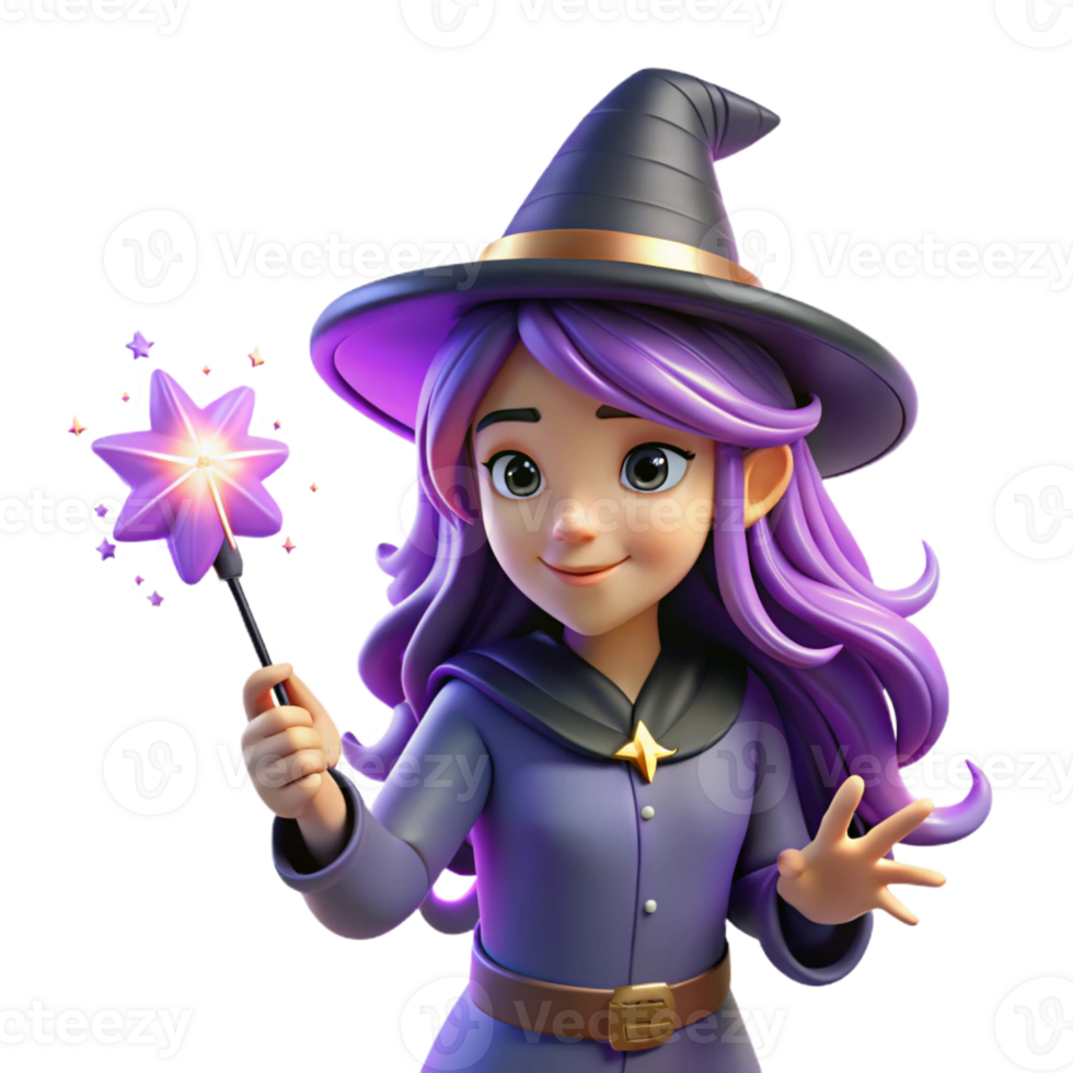 beautiful traditional A young witch with long, purple hair and a pointed hat casts a spell with her magic wand. Magical, sparkling lighting. Anime style high resolution png